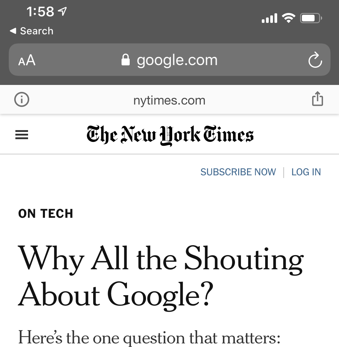 Zrzut ekranu z przeglądarki internetowej na smartfonie. W pasku adresu widać "google.com", ale strona wygląda jak The New York Times