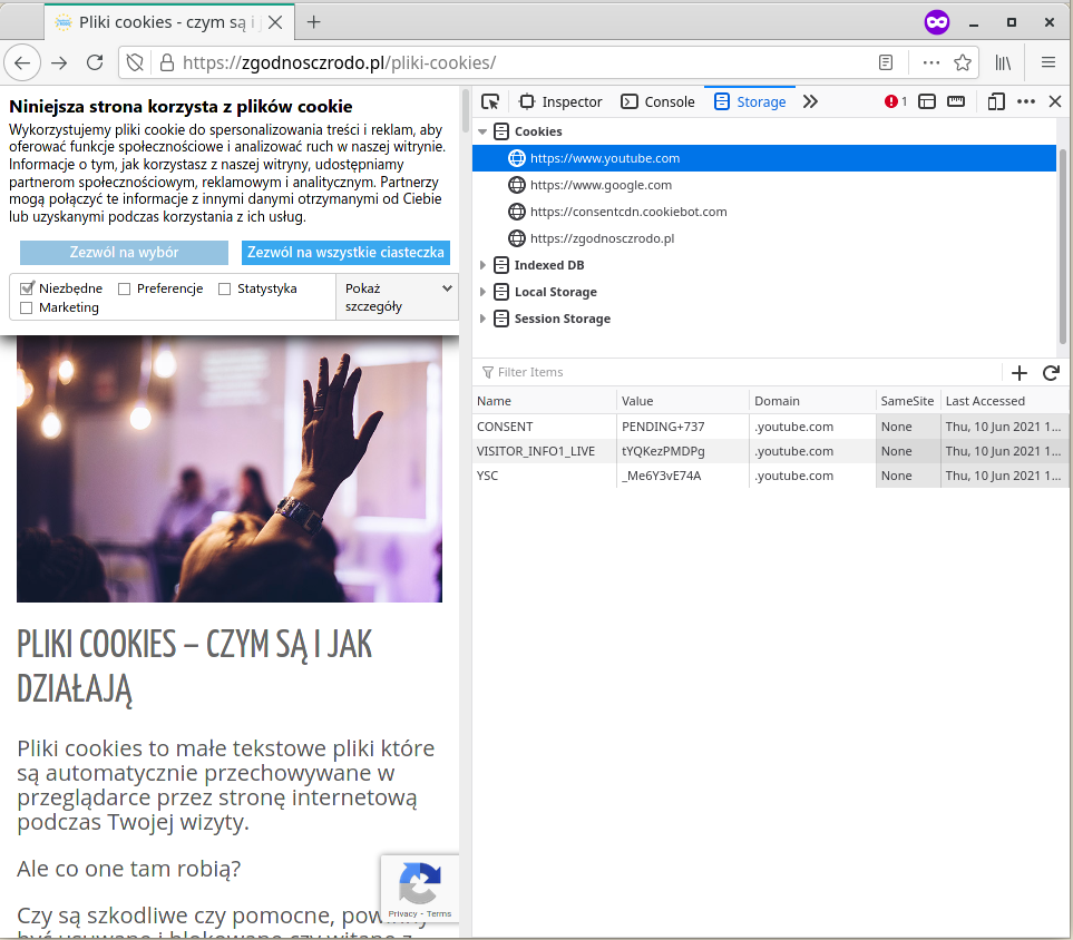 Zrzut ekranu z firefoxa, w którym jest otwarta strona https://zgodnosczrodo.pl/pliki-cookies/. Narzędzia deweloperskie pokazują, że strona ustawia cookies youtube'a zanim została na to wyrażona zgoda
