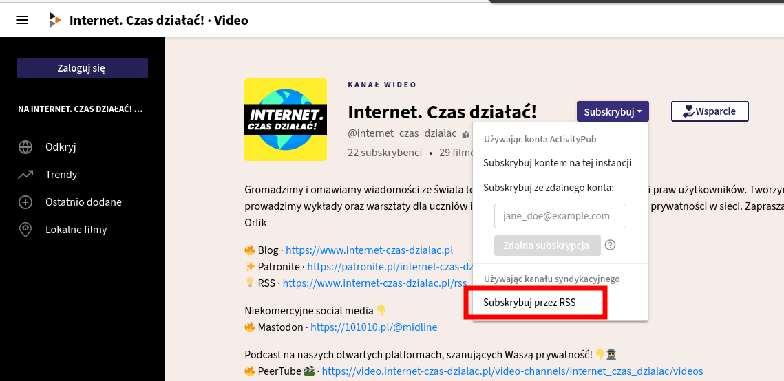 Zrzut ekranu z widoku naszego kanału na naszej instancji PeerTube. Po rozwinięciu opcji "Subskrybuj" pojawia się opcja "Subksrybuj przez RSS", pod "Subskrybuj kontem na tej instancji" oraz "Subskrybuj ze zdalnego konta"