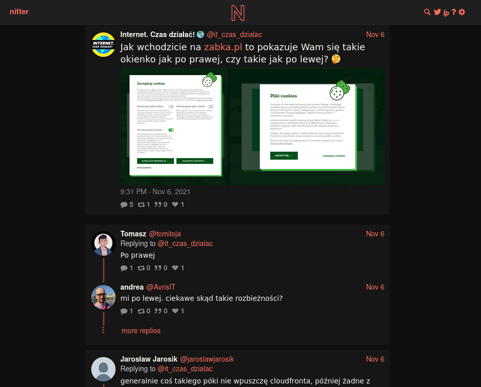 Zrzut ekranu z https://nitter.net/it_czas_dzialac/status/1457098316626472960 - widać treść tweeta, załączone w nim obrazki oraz odpowiedzi innych użytkowników na tego tweeta.