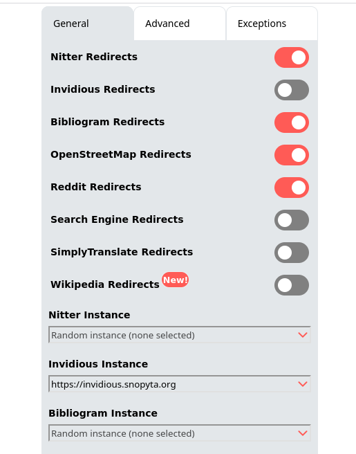 Zrzut ekranu ze strony konfiguracji Privacy Redirect. Można włączać lub wyłączać przekierowania dla konkretnych stron i wybierać instancje