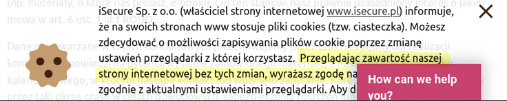 to samo okienko na stronie isecure. Podświetlony jest fragment "Przeglądając zawartość naszej strony internetowej bez tych zmian, wyrażasz zgodę na (zasłonięte)