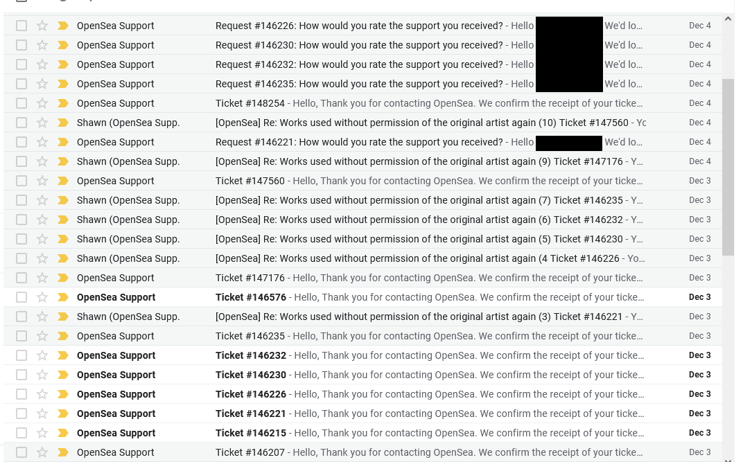 Zdjęcie ekranu z gmaila zapełnionego odrzuconymi prośbami o usunięcie dzieła z OpenSea