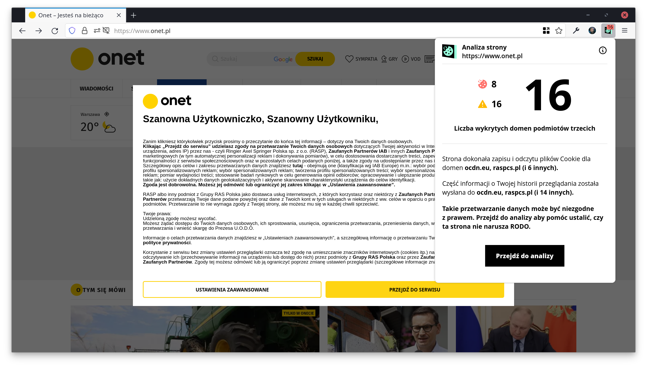 Interfejs wtyczki Rentgen, który informuje nas o problemach na stronie Onet.pl