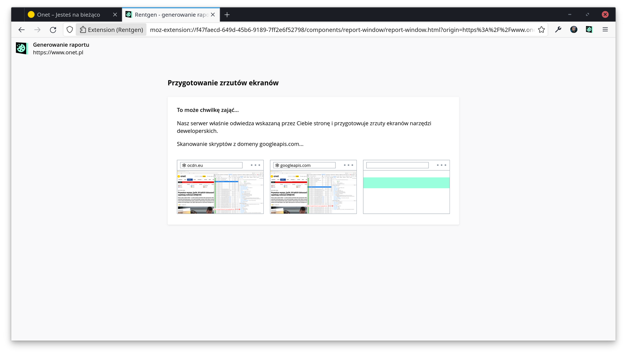 Wtyczka wyświetla wykonane zrzuty ekranów i na bieżąco prezentuje status generowania zrzutów