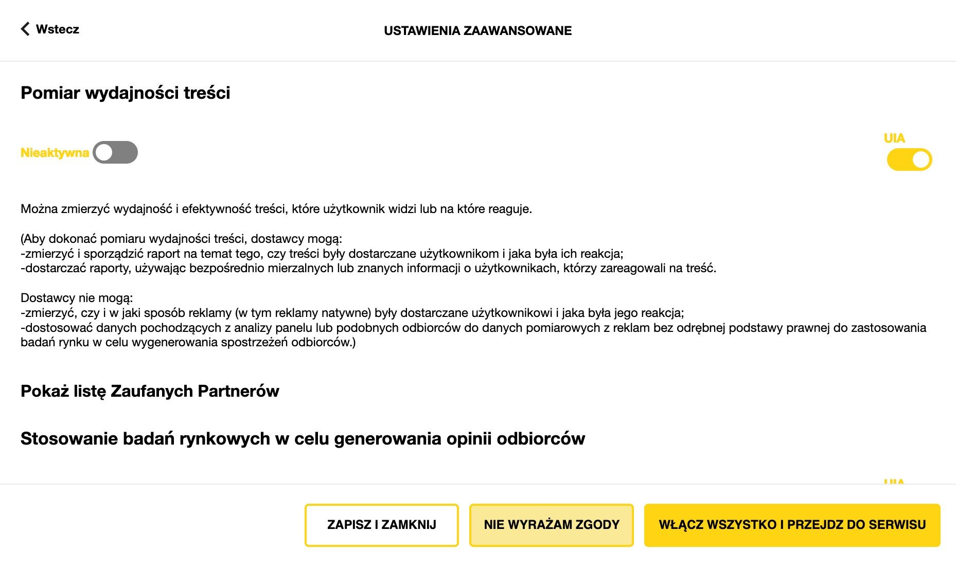 Okienko na stronie onet.pl, cel: Pomiar wydajności treści, po prawej przełącznik UIA akceptujący uzasadniony interes administratora dla tego celu