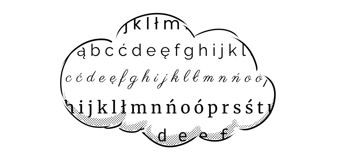 Ilustracja przedstawiająca kreskówkową chmurę wypełnioną literami o różnych fontach.