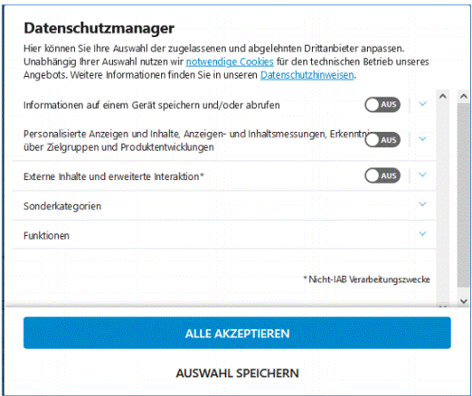 Kolejny widok w popupie o cookiesach po niemiecku. Widać checkboxy do różnych celów przetwarzania (niezaznaczone), przycisk "Alle akceptieren" oraz "Auswahl speichern"