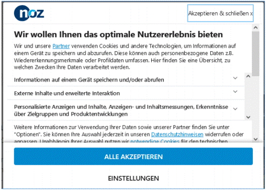 Niemiecki popup o cookiesach. Są dwie opcje — Alle Akceptieren oraz Einstelungen